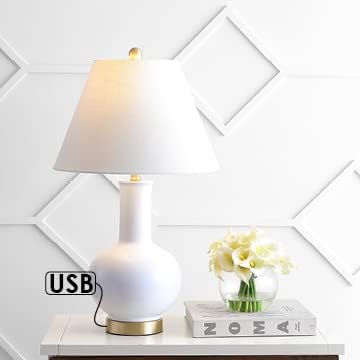 JONATHAN Y 27" White Ceramic and Brass Gold Gourd LED Table Lamp with USB Charging Port, Contemporary Bedside Lamp for Bedroom Living Room, Linen Shade, LED Bulb Included JYL6600A