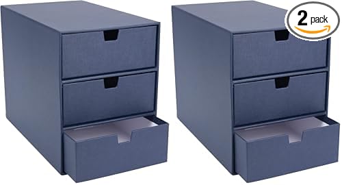 Bigso Box of Sweden Ingrid 3-Drawer Fiberboard Desk Organizer for Office Supplies & Accessories - Stackable Makeup Drawer Organizer - 6.3in x 9.9in x 8.1in - Blue (Pack of 2)