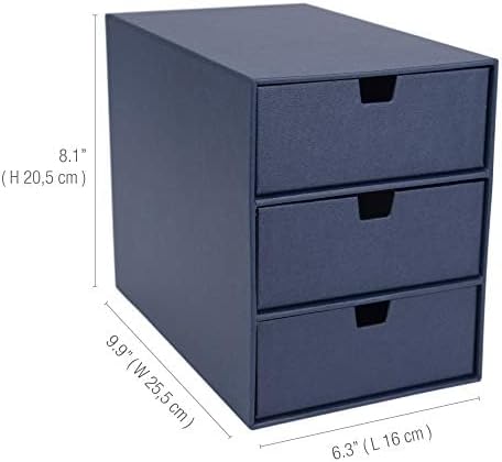 Bigso Box of Sweden Ingrid 3-Drawer Fiberboard Desk Organizer for Office Supplies & Accessories - Stackable Makeup Drawer Organizer - 6.3in x 9.9in x 8.1in - Blue (Pack of 2)