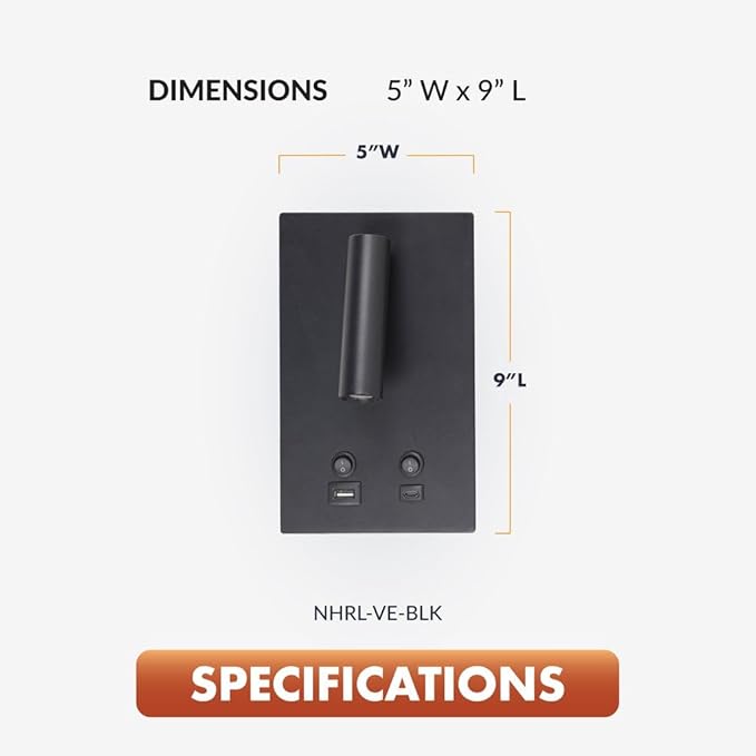 Newhouse Lighting 5 in. W x 9 in. L Vera Spotlight Reading Light in Matte Black with USB-A and USB-C Charging Ports NHRL-VE-BLK, Bedside Lamp for Nightstands, Space-Saving Office Desk Accessory