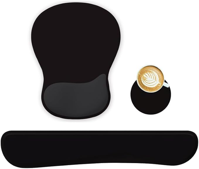 Wrist Rest Support for Mouse Pad Keyboard Set Circle Coaster Gaming Mouse Pad Ergonomic Gel Memory Foam Set for Computer, Laptop, Office, Comfortably Typing Black KM-33