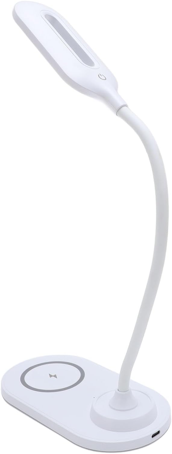 Dpofirs LED Desk Lamp Table Light with Wireless Charger 15W Phone 5W Earphone Adjustable Gooseneck 360° Eye Caring Light for Home Office Bedroom Study (White)
