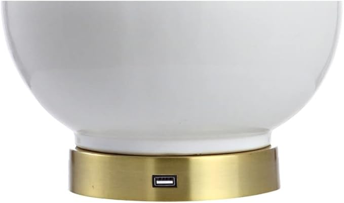 JONATHAN Y 27" White Ceramic and Brass Gold Gourd LED Table Lamp with USB Charging Port, Contemporary Bedside Lamp for Bedroom Living Room, Linen Shade, LED Bulb Included JYL6600A