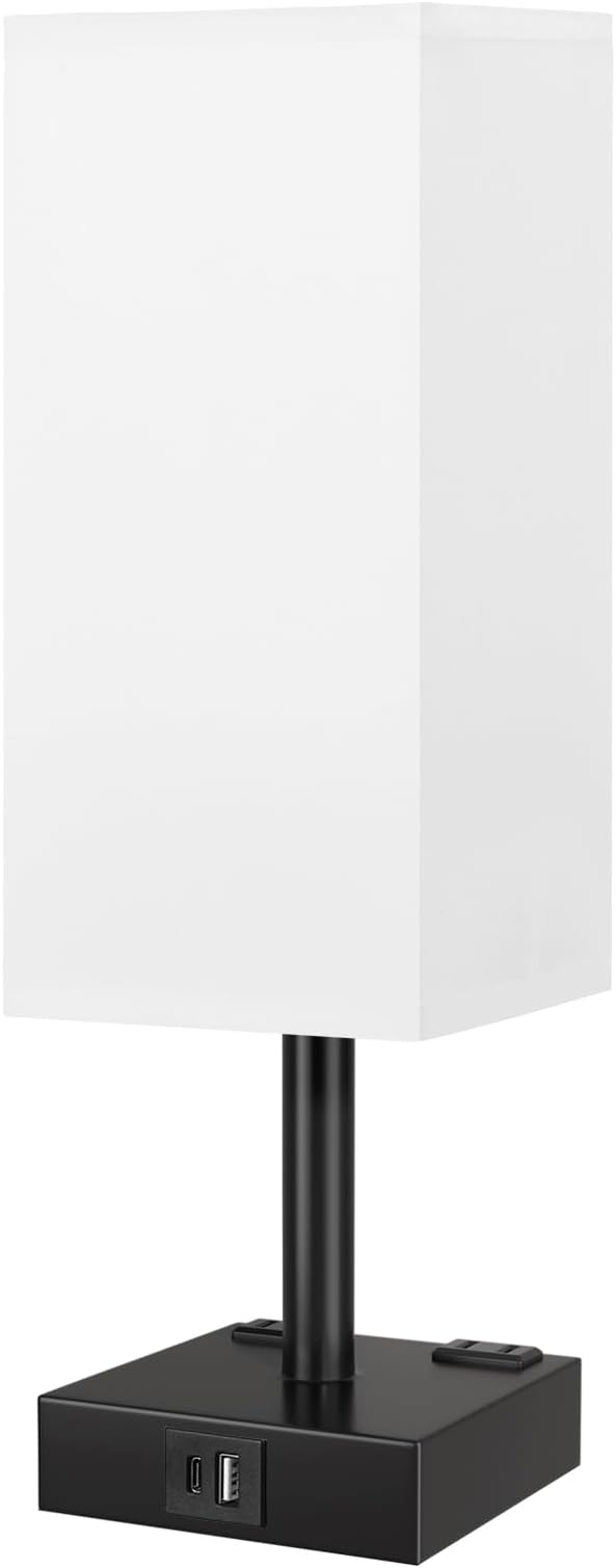 Touch Bedside Table Lamp for Nightstand - 3-Way Dimmable Night Lamp with USB A + Type C Charging Ports and Two AC Outlets, Small Desk Light with E26 LED Bulb for Bedroom Living Room,White Black