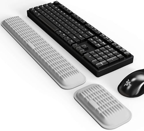 MEKASS Ergonomic Wrist Rest for Keyboard and Mouse, Soft Memory Foam Keyboard Wrist Rest Set with Non-Slip Silicone Base, Easy Typing, Comfort for Office, Work, Gaming (Light Gray)
