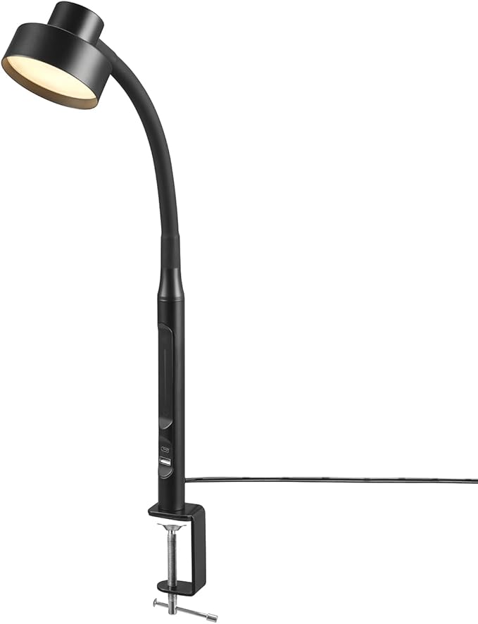 Globe Electric 62000036 15" LED Integrated Clamp Desk Lamp, Matte Black, Adjustable Silicone Gooseneck, Dimmable, 2.1 USB + USB-C Ports, 4.5 Watts, 3 Color Temperatures, 250 Lumens