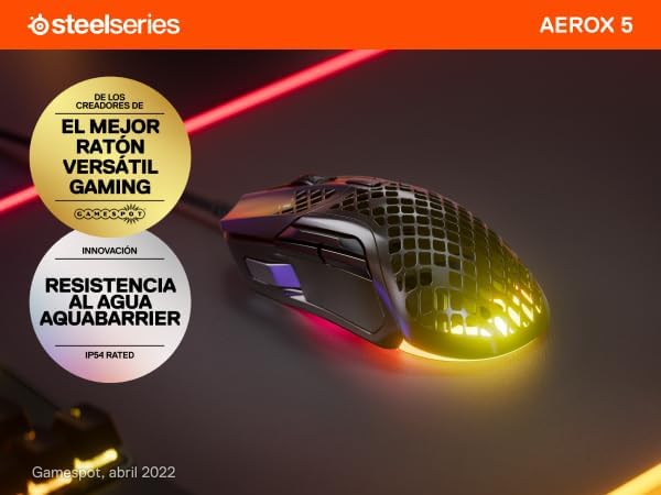 SteelSeries Aerox 5 - Holey RGB Gaming Mouse - Ultra-lightweight Water Resistant Design - 18K DPI TrueMove Air Optical Sensor