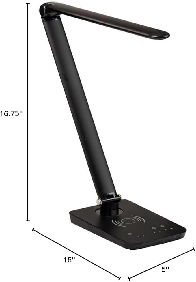 Pemberly Row Pivoting LED Lamp, Black Finish, Wireless Charging Pad & USB Port, Adjustable Neck with 4 Color Temperatures, Flicker-Free Light for Desktop or Bedside Use, 5" W x 16" D x 16.75" H