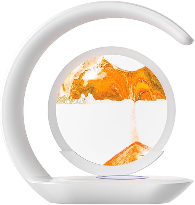 LED Table Lamp with Wireless Charging, Crescent Moon Design, Blue and Orange Sand Art Display, Orange