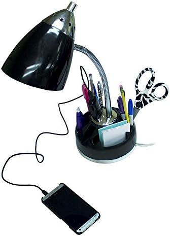 Simple Designs LD1015-BLK Flossy Organizer Desk Lamp with Charging Outlet and Lazy Susan Base, Black