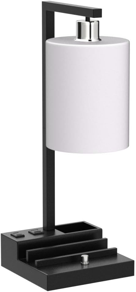 Bedroom Lamps for Nightstand, 3 Color Temperature Nightstand Lamp Bedside Lamps with Dual USB Ports and Outlet, Modern Table Lamp Built-in Pen Holder & Phone Stands, Energy Saving LED Bulb Included