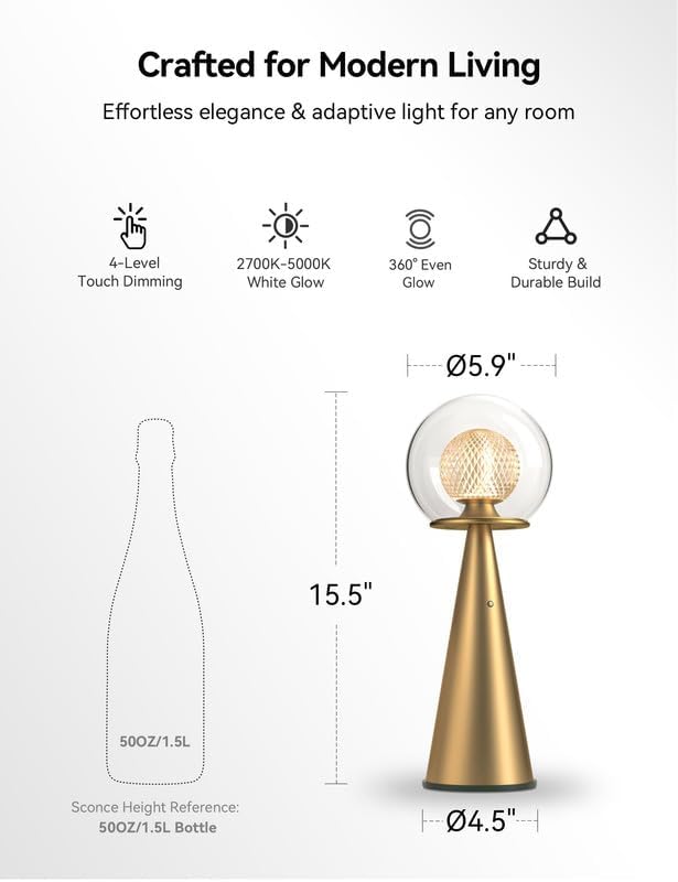 Tubicen Gold Cordless Table Lamp Dual-Globe Glass Shade 8000mAh Battery Operated Rechargeable Table Lamp Portable 3 Color Stepless Touch Dimmable Desk lamp for Bedroom Bedside Restaurant Bars Coffee