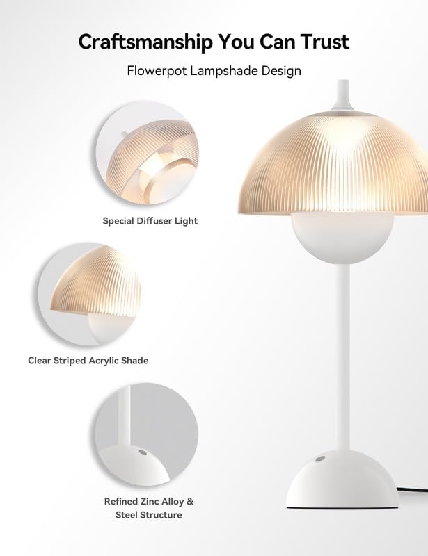 Tubicen Flowerpot Bedside Table Lamp Plug in Decorative Transparent Striped Mushroom Table Lamp Memory Function Modern LED 4-Stage Touch Dimmable Desk Table Lamps for NightStands Bedroom Home Office