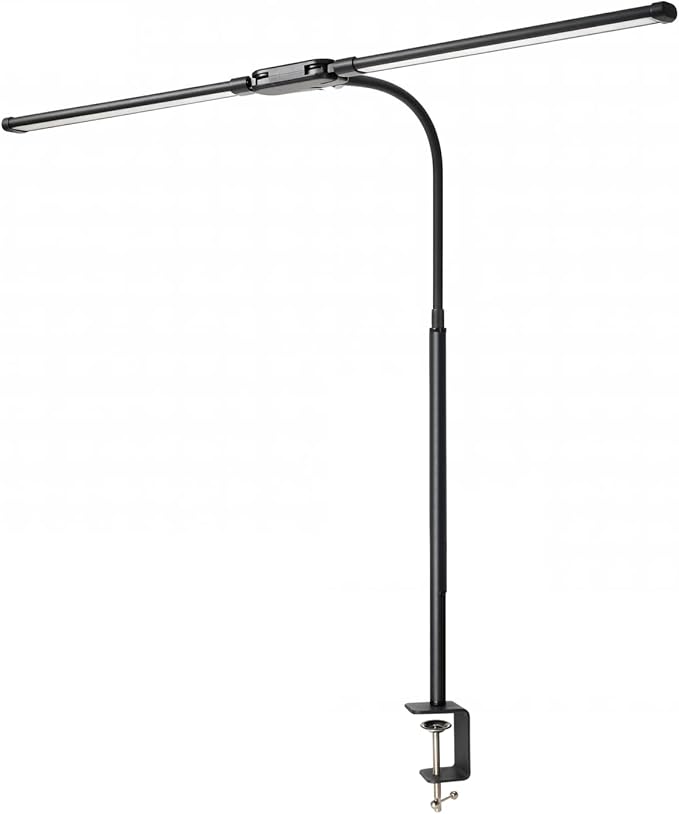 LED Desk Lamp with Clamp, Double Head Adjustable Architect Light, Eye-Caring Monitor Desk Lamp for Home Office, Flexible Gooseneck Task Lamp with 10 Brightness Levels & 5 Color Temperature Modes Black