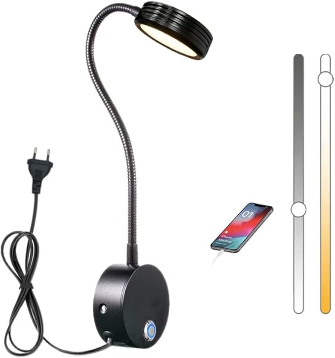 Dimmable LED Reading Lamps,Wall Mount Reading Lights for Bed Headboard,Flexible Gooseneck Headboard Reading Lam, Plug in Sconce Touch Control,3 Color Modes, 2A/5V USB Output,Black 1 Pack
