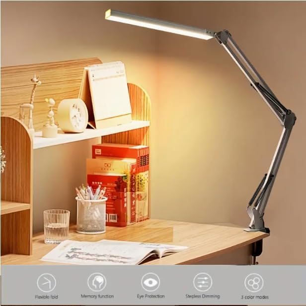 HomeBeyond LED Desk Lamp – 12W Adjustable Swing Arm Light with 5 Color Modes & 10 Brightness Levels, Black, Eye-Caring Table Lamp for Home and Office