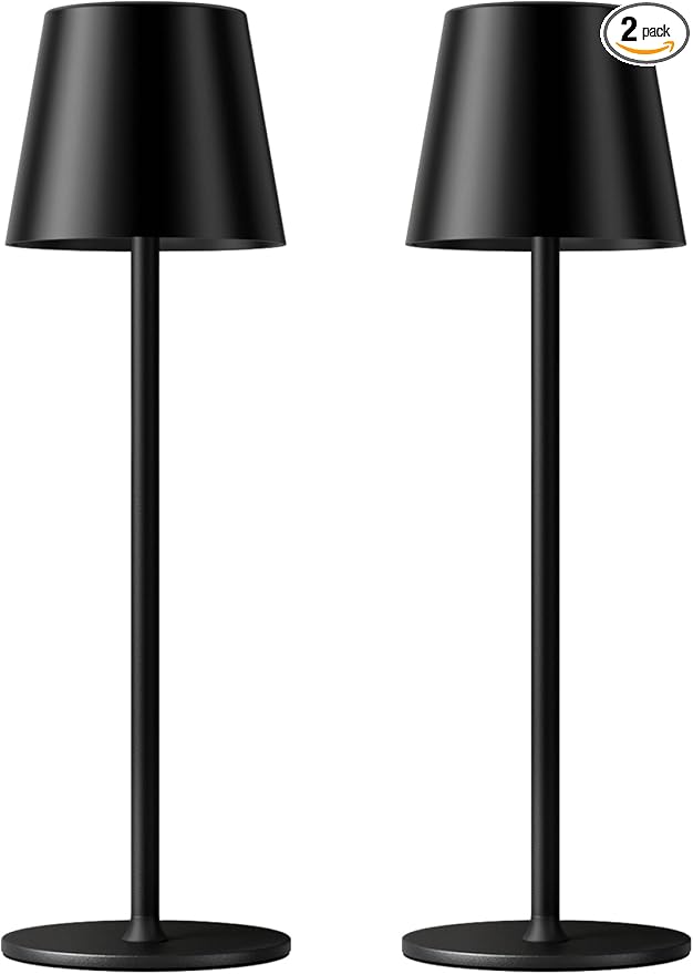Cordless Table Lamp Rechargeable Black - KK 2 Pack 5000mAH Battery Operated Lamp for Counter, 3 Color Stepless Dimming Waterproof LED Wireless Lamp for Dining Kitchen, Outdoor Patio, Touch Control