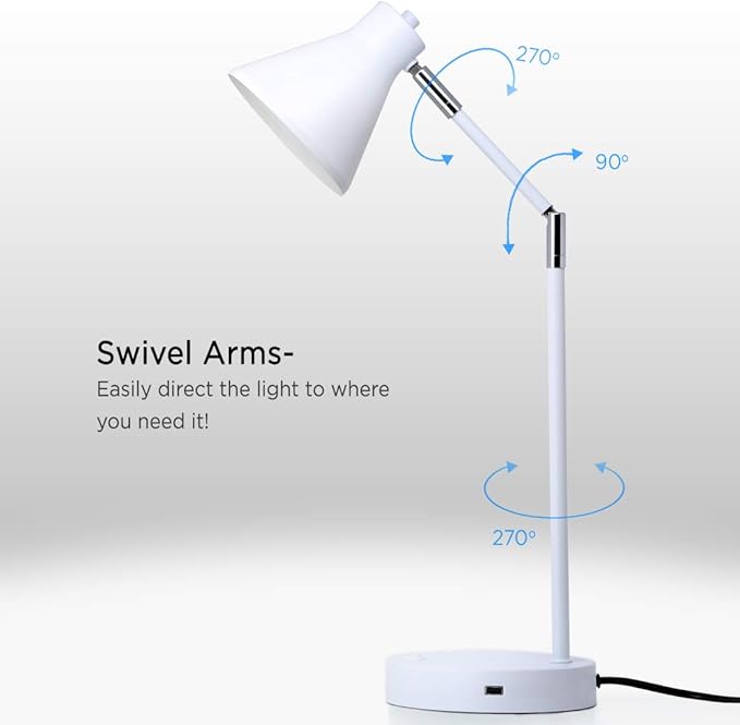 O'Bright LED Desk Lamp with USB Charging Port, 100% Metal, 270 Flexible Swivel Arms, Soft White LED Reading Light (3000K), Bedside/Office/Table Lamp, ETL Listed (White)