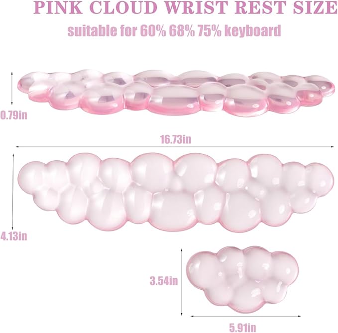 Ergonomic Gel Cloud Keyboard and Mouse Wrist Rest Set – Clear Wrist Rest for Keyboard 60%/68%/75%, Comfort & Support for Typing and Gaming (Light Pink)