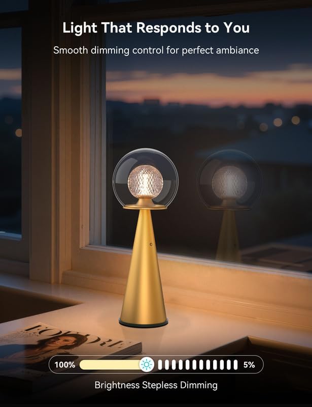 Tubicen Gold Cordless Table Lamp Dual-Globe Glass Shade 8000mAh Battery Operated Rechargeable Table Lamp Portable 3 Color Stepless Touch Dimmable Desk lamp for Bedroom Bedside Restaurant Bars Coffee