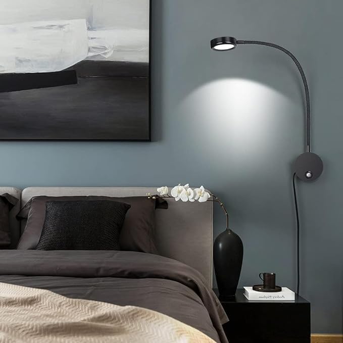 Dimmable LED Reading Lamps,Wall Mount Reading Lights for Bed Headboard,Flexible Gooseneck Headboard Reading Lam, Plug in Sconce Touch Control,3 Color Modes, 2A/5V USB Output,Black 1 Pack