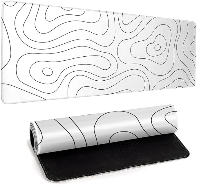 White Large Gaming Mouse Pad Desk Pad Topographic Map Big Keyboard Mat 31.5x11.8inch Computer Mousepad with Stitched Edge Non-Slip Rubber Base