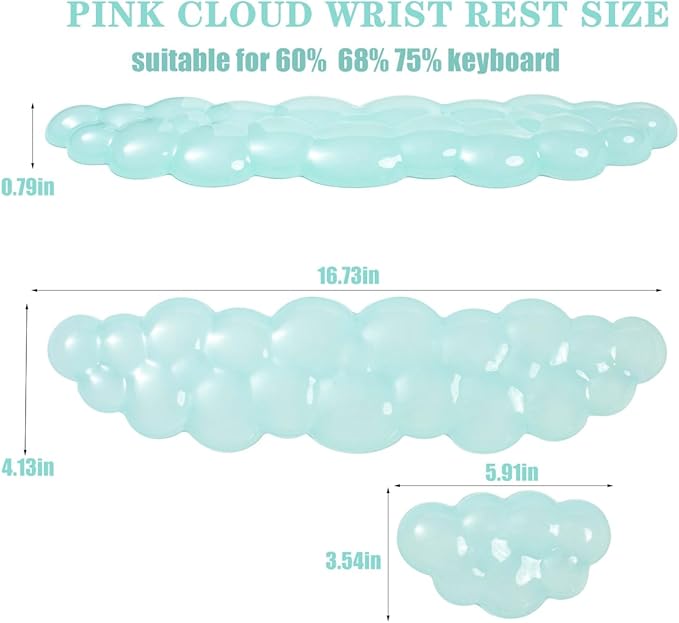 Gel Keyboard and Mouse Wrist Rest Set – Clear Cloud Wrist Rest for Computer Keyboard 60%/68%/75%, Comfort & Support for Typing and Gaming(Mint Green)
