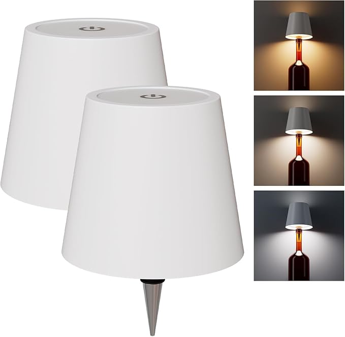 2 Pack Wireless Bottle Lamp, Wireless Bottle Lamp Shade with 3 Color Temperature, Rechargeable Stepless Dimming LED Wine Bottle Lights for Any Bottle, Desk Lamp for Bedroom Restaurant Bar - White