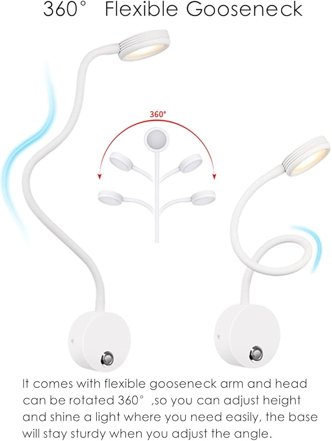 Dimmable LED Reading Lamps,Wall Mount Reading Lights for Bed Headboard,Flexible Gooseneck with Touch Dimmer Plug in Wired Sconce,3 Color Modes,10 Brightness Leves, USB Output(5V 2A), White 1 Pack