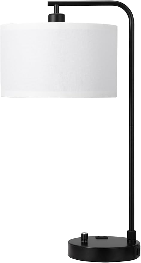 Innqoo White Side Table Lamp with USB Port and Outlet, Dimmable Nightstand Bedside Lamps with Linen Lampshade, Desk Lamp for Bedroom, Living Room, Guest Room, Home Office, LED Bulb Included