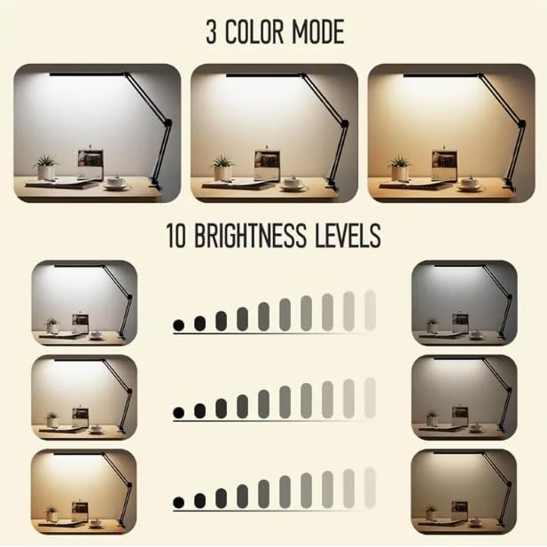 HomeBeyond LED Desk Lamp – 12W Adjustable Swing Arm Light with 5 Color Modes & 10 Brightness Levels, Black, Eye-Caring Table Lamp for Home and Office