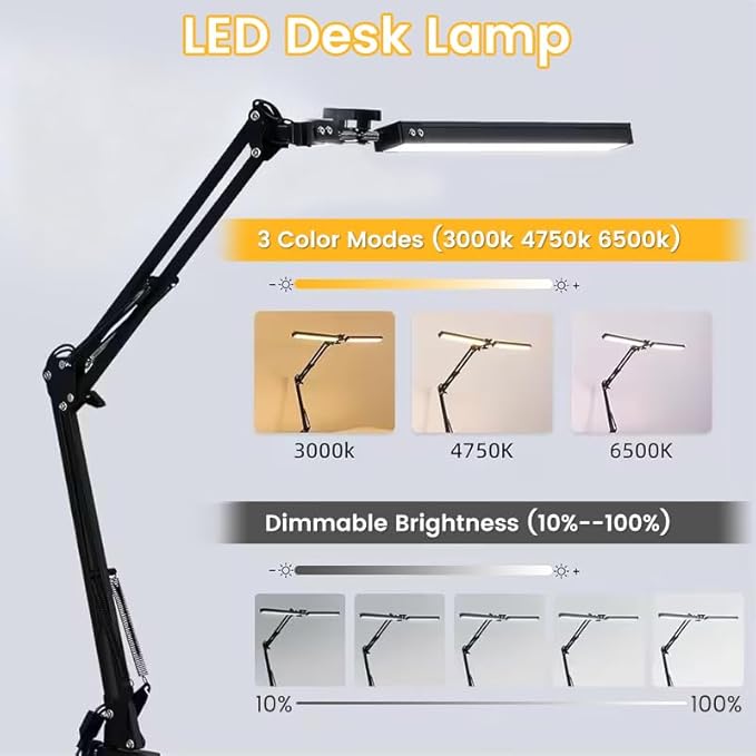 LED Desk Lamp, Adjustable Swing Arm Lamp with Clamp, Eye-Caring Reading Desk Light, 10 Brightness Levels, 3 Lighting Modes, Memory Function Desk Lamps for Home Office with Adapter (Black)
