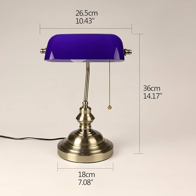 FIRVRE Blue Glass Bankers Desk Lamp Bright Executive Table Lamp Bronze Finish Basis with Pull Chain Switch E26 for Bedroom Bedside Home Office Student Dorm Library Piano