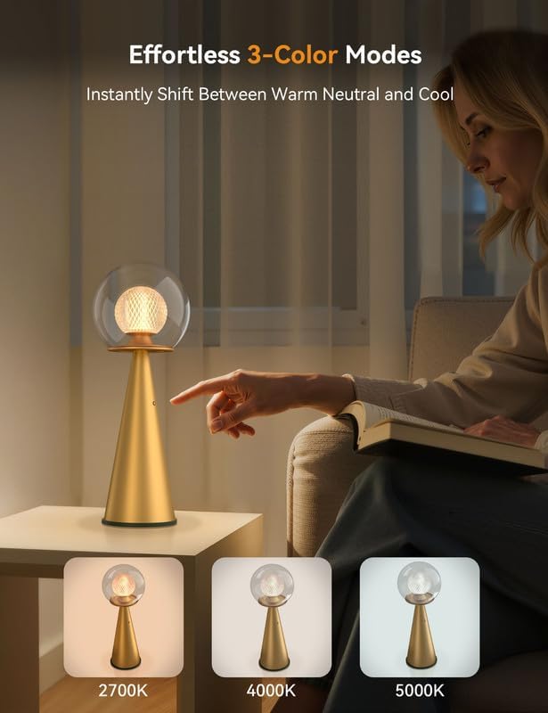 Tubicen Gold Cordless Table Lamp Dual-Globe Glass Shade 8000mAh Battery Operated Rechargeable Table Lamp Portable 3 Color Stepless Touch Dimmable Desk lamp for Bedroom Bedside Restaurant Bars Coffee