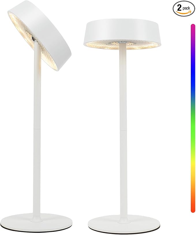 Cordless Lamp, RGB, Outdoor Waterproof, Dimmable Touch Control 3 Color Temperature, Battery Operated Portable, LED Memory Function, Rechargeable Table Lamp, Patio Dinning Restaurant Kitchen 2P White
