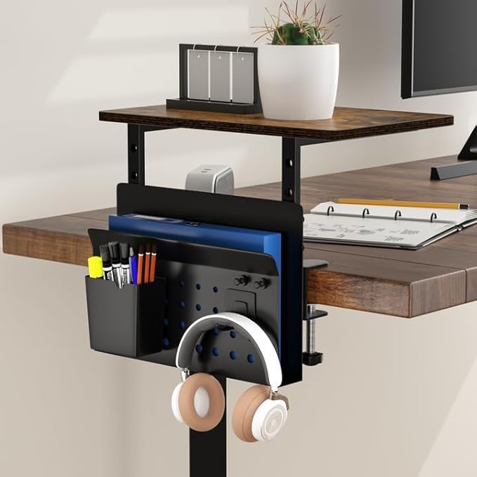 Desk Extender, Clamp On Desk Shelf Organizer, with Side Storage Steel Frame & 15 inch Wood Desktop Supplies Rack Clamp Mount Table Hanging Storage for Home Office Fits Flat Edge Tables 0.3" to 2.3"