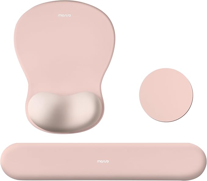 MOSISO Wrist Rest Support for Mouse Pad&Keyboard Set, Curved Ergonomic Mousepad&Coaster Non-Slip Base Home/Office Pain Relief&Easy Typing Cushion with Soft Cloth&Silicone Lining, Pink