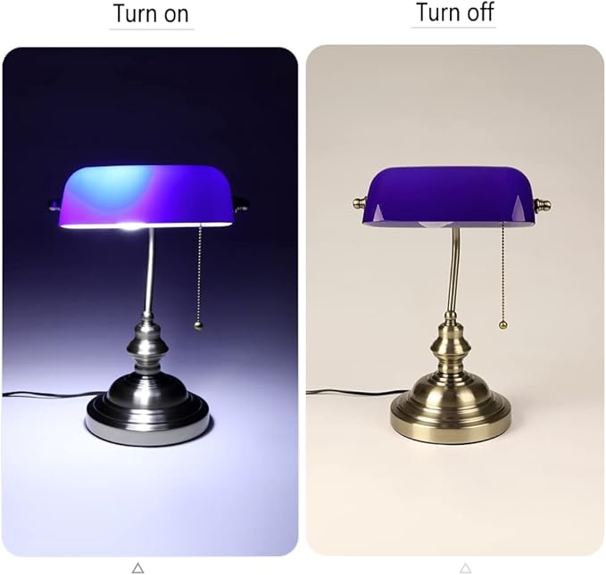 FIRVRE Blue Glass Bankers Desk Lamp Bright Executive Table Lamp Bronze Finish Basis with Pull Chain Switch E26 for Bedroom Bedside Home Office Student Dorm Library Piano