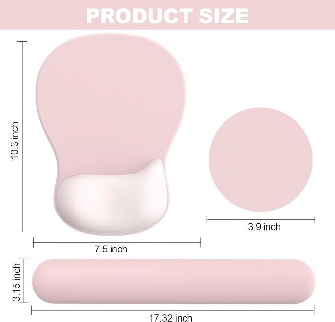 Ergonomic Mouse Pad with Wrist Rest and Keyboard Wrist Rest, Gel Mousepad and Wrist Rest for Computer Keyboard, Non-Slip PU Base, Pink Mouse Pad with Wrist Support for Gaming, Office