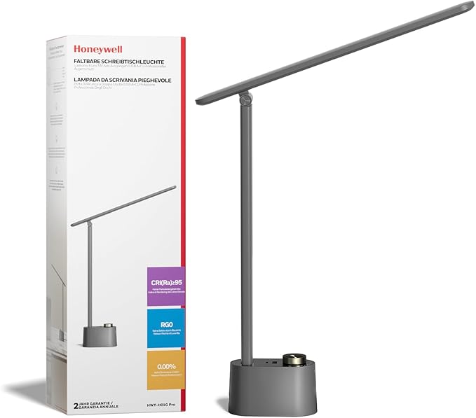 Honeywell Product Image Upgraded LED Desk Lamp - H01 Pro Sunturalux™ Foldable Desk Light with USB A+C Charging Port, 3 Color Modes Dimmable Table Lamp for Home Office Reading(Grey)