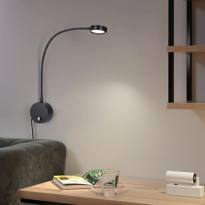 Dimmable LED Reading Lamps,Wall Mount Reading Lights for Bed Headboard,Flexible Gooseneck Headboard Reading Lam, Plug in Sconce Touch Control,3 Color Modes, 2A/5V USB Output,Black 1 Pack