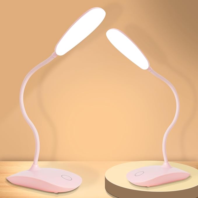 Battery Powered Desk Lamp, Portable Lamps Rechargeable 3 Color Modes Touch Control Stepless Dimming, Wireless Desk Lamp with 2000mAh, Small LED Table Light for Dorm Study Office Bedroom,Pink(2-PACK)