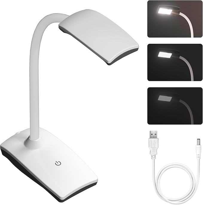 LED Desk Lamp 3 Brightness Dimmable Eye-Caring White Table Lamp Flexible Gooseneck Touch Desk Light 5W 450lm for Home Office Bedroom Reading Study 1.5M USB Cable