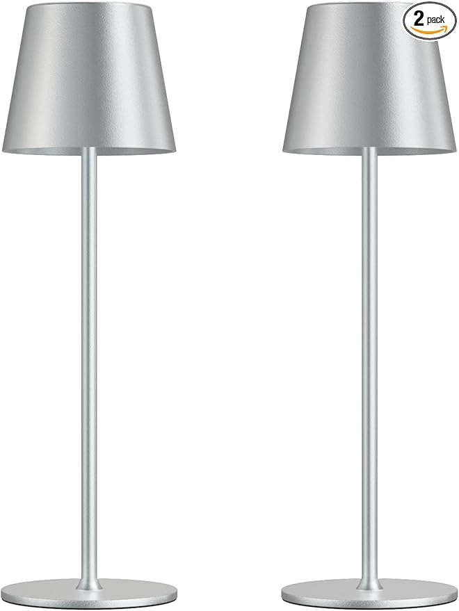 Cordless Table Lamp Rechargeable - Silver Grey 2 Pack 5000mAH Battery Operated Lamp for Counter, 3 Color Stepless Dimming Waterproof LED Wireless Lamp for Dining Kitchen, Outdoor Patio, Touch Control