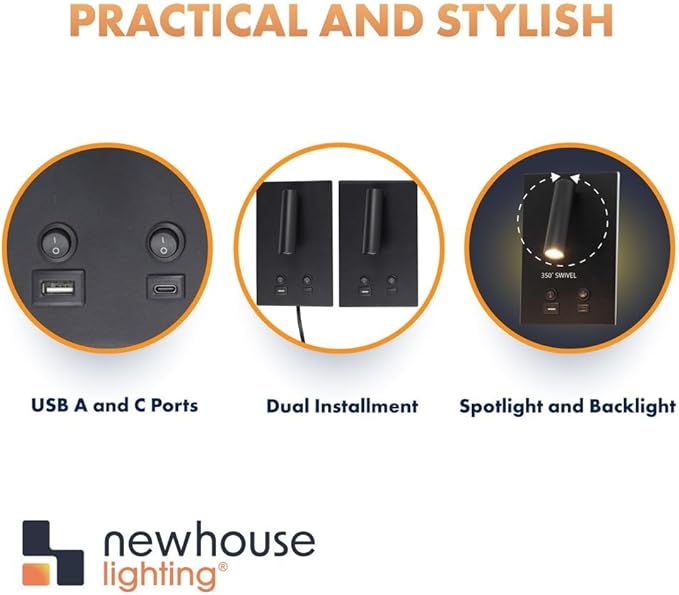 Newhouse Lighting 5 in. W x 9 in. L Vera Spotlight Reading Light in Matte Black with USB-A and USB-C Charging Ports NHRL-VE-BLK, Bedside Lamp for Nightstands, Space-Saving Office Desk Accessory