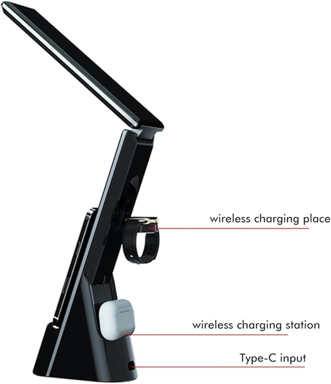 Wireless Charging LED Desk Lamp, Desk Lamp with Clock/Alarm Clock Office, Reading Light Book Light, Touch Dimming 3 Color Modes, Desk for Studying/University