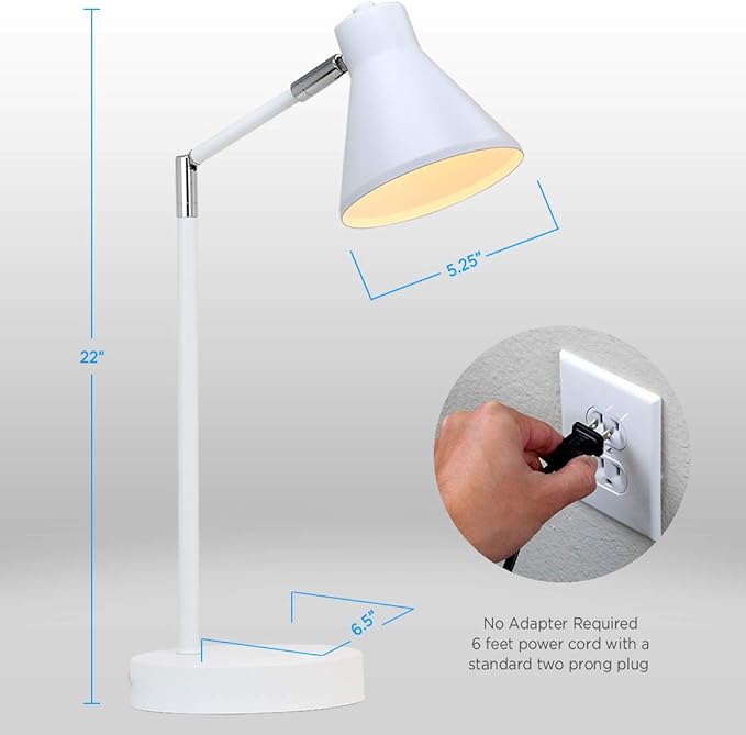 O'Bright LED Desk Lamp with USB Charging Port, 100% Metal, 270 Flexible Swivel Arms, Soft White LED Reading Light (3000K), Bedside/Office/Table Lamp, ETL Listed (White)