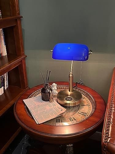 FIRVRE Bankers Lamp with2 USB and Wireless Charging Port，Pull Chain Switch Blue Glass Desk Lamp， E26 Base,Traditional Library Desk Lamps for Home Office,Bedroom,Piano