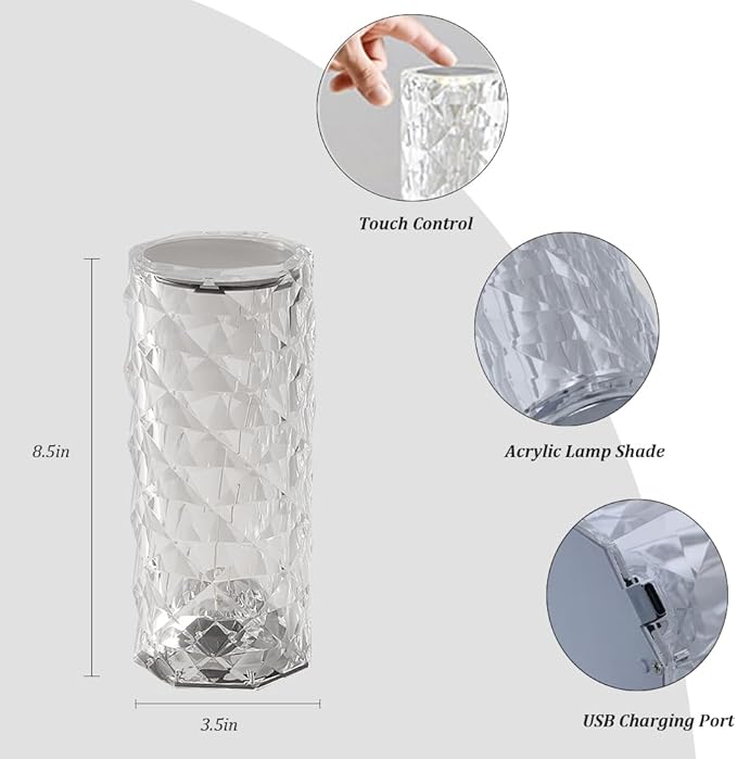 Portable Crystal Table Lamp,3 Color Touch Control Rechargeable Lamp,Crystal Bedside Lamp,Night Light,Room Decor Desk Lamp,Bedroom,Living Room,Kitchen,Dining Room Lamp (3-Color Rose)