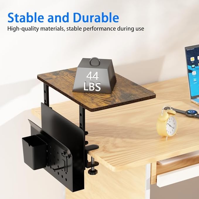 Desk Extender, Clamp On Desk Shelf Organizer, with Side Storage Steel Frame & 15 inch Wood Desktop Supplies Rack Clamp Mount Table Hanging Storage for Home Office Fits Flat Edge Tables 0.3" to 2.3"